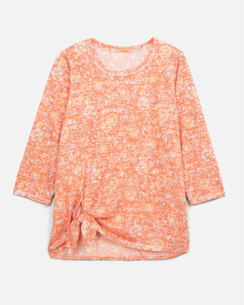 Front of a size 1X Renee Three-Quarter Sleeve Side Tie Top in Red / Orange by CAMEO APPEARANCE. | dia_product_style_image_id:209393